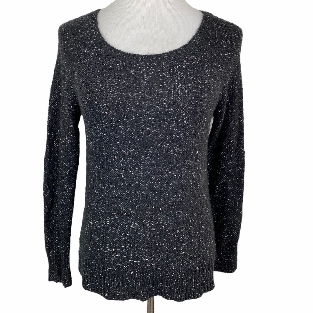 Apt. 9 Metallic Silver Sequin Sweater Women's Petite Small Black Long Sleeve‎